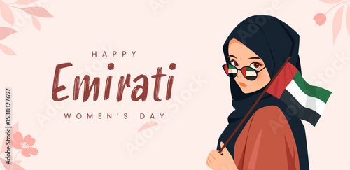 Emirates Women's Day Design with Female with Hijab Vector Illustration. Emirati Womens Day Template Suitable for Poster Banner Flyer Background. UAE Women's Day August.