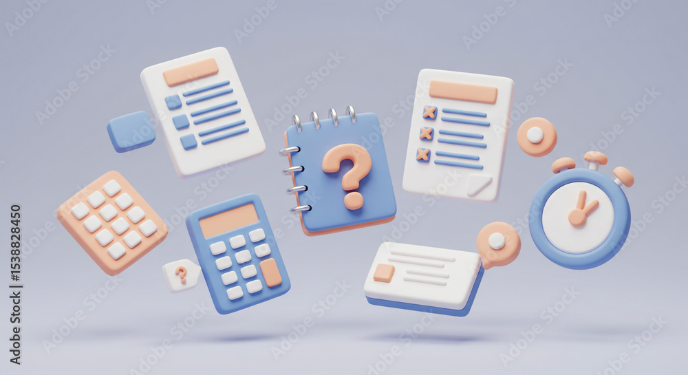 Floating cartoon office supplies including calculators notepad and clock on a light blue background Floating cartoon office supplies including calculators notepad and clock on a light blue background
