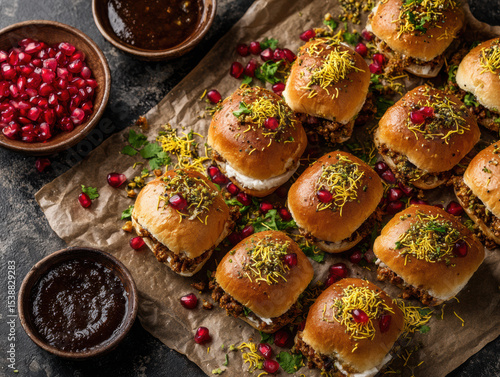 Indian Street Food Dabeli Styled with Spilled Sev and Chutneys – Top View