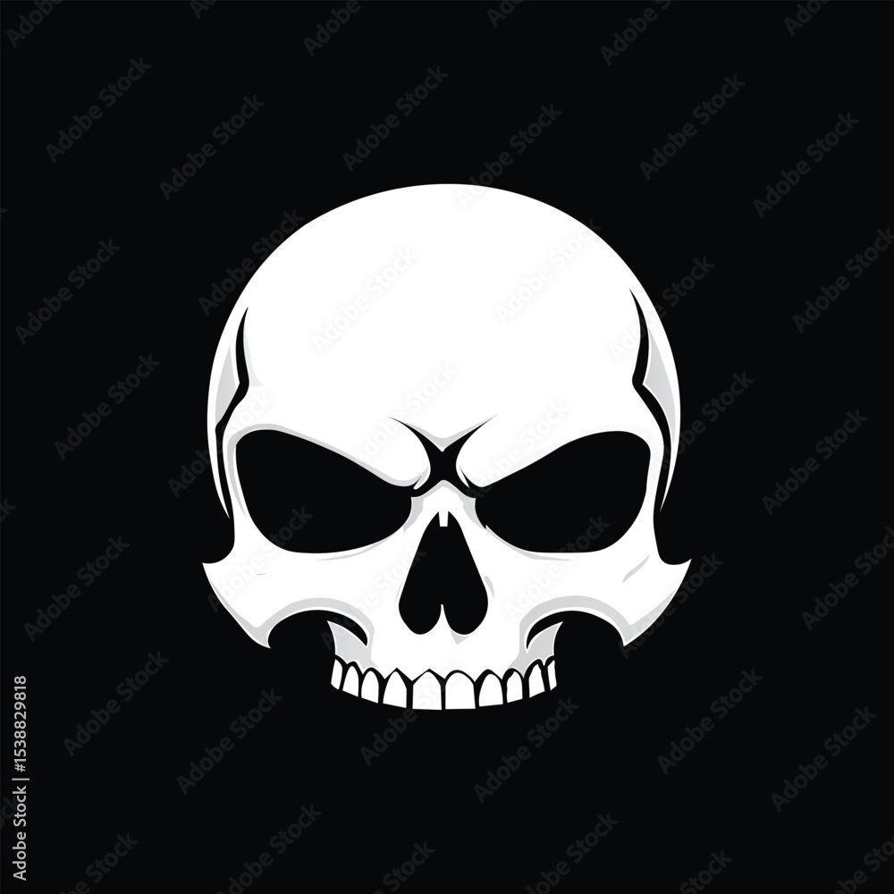 Fototapeta premium A stylized white human skull with ominous dark eye sockets and a detailed jawline, set against a stark black background. The design is bold and impactful.