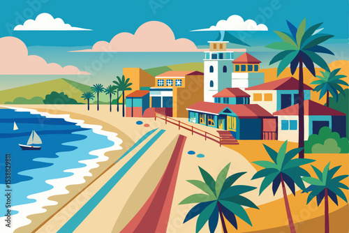 Coastal cityscape with palm trees, luxurious resorts, and tropical beaches ideal for summer travel and swimming vacations