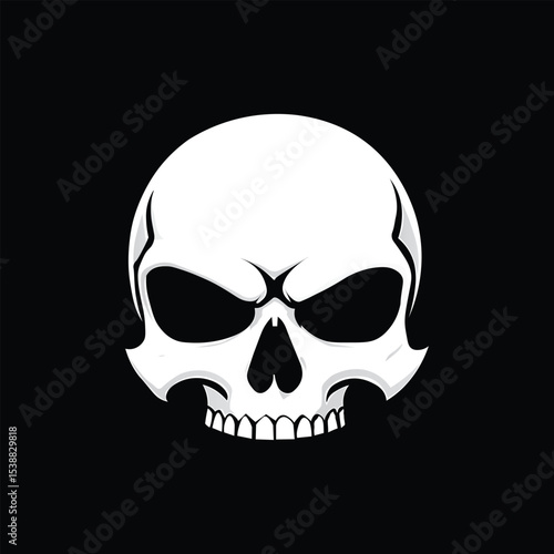 A stylized white human skull with ominous dark eye sockets and a detailed jawline, set against a stark black background. The design is bold and impactful.