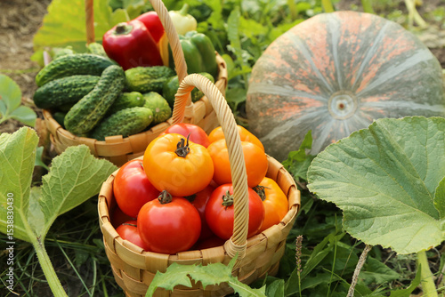 Fresh summer vegetables harvest in basket on garden bed in sunlight close up. Organic cucumber, pepper, freshly harvested tomato in garden with pumpkin