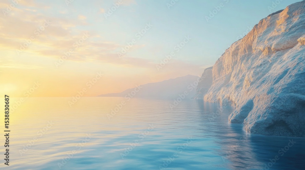 Obraz premium Serene Ocean View with Rocky Coastline and Soft Sunset Glow Over Calm Waters