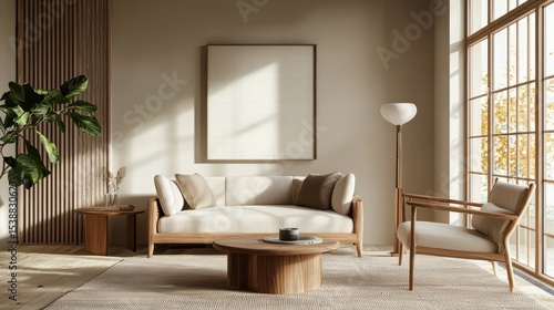Elegant modern living room with light wood furniture, minimalist decor, neutral tones, large windows, and natural light, perfect for interior design, real estate staging, and lifestyle branding