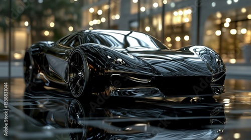 A sleek, black luxury sports car with reflective surfaces is showcased indoors with blurred lights and windows in the background.