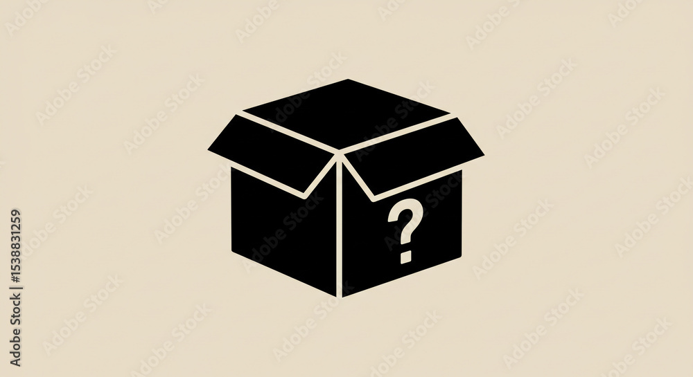 Obraz premium A black box with a white question mark on it, on a beige background, with the box open at the top
