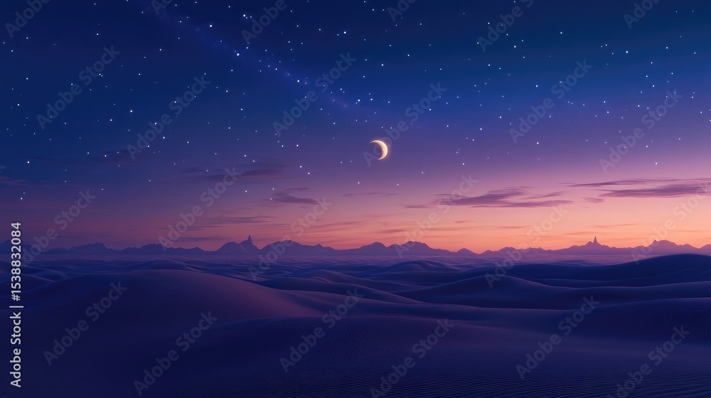 Fototapeta premium Serene Desert Night Sky with Crescent Moon and Stars Over Gently Rolling Sand Dunes Under Twilight Colors