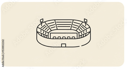 A minimalist line drawing of a stadium with flags on top and seating all around the field area