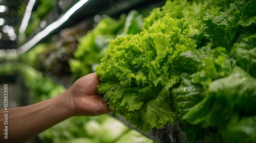 Hand Choosing Fresh Lettuce at Grocery Store, Healthy Lifestyle