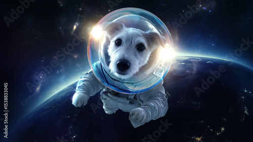 Adorable dog in a space suit floating in outer space above Earth. A whimsical and imaginative scene combining pets and space exploration in a sci-fi setting.