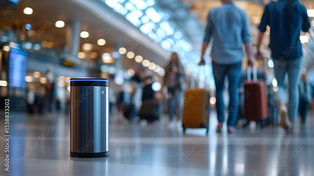 A sleek, silver-colored futuristic smart device with a glowing blue top band stands prominently in a busy airport terminal. Blurred travelers and their luggage are visible in the background, indicati A sleek, silver-colored futuristic smart device with a glowing blue top band stands prominently in a busy airport terminal. Blurred travelers and their luggage are visible in the background, indicati