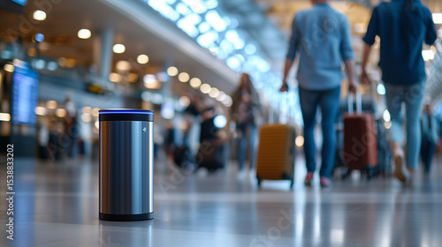 A sleek, silver-colored futuristic smart device with a glowing blue top band stands prominently in a busy airport terminal. Blurred travelers and their luggage are visible in the background, indicati