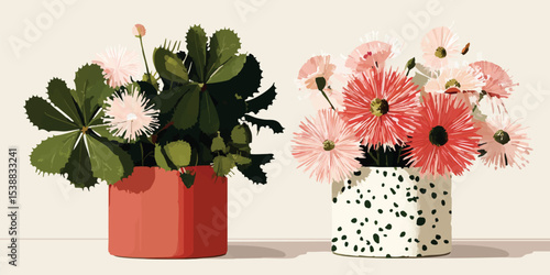Two vases showcase colorful and artistic arrangements of blossoming flowers. The arrangement's vibrancy and creative beauty brings an uplifting vibe.