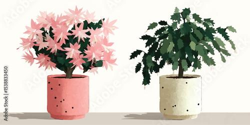 A delightful duo of potted plants, one adorned with vibrant pink blooms and the other flourishing with lush green foliage, exuding a touch of freshness and vitality.