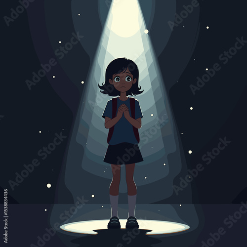 Young girl standing in spotlight with hands together in prayer  