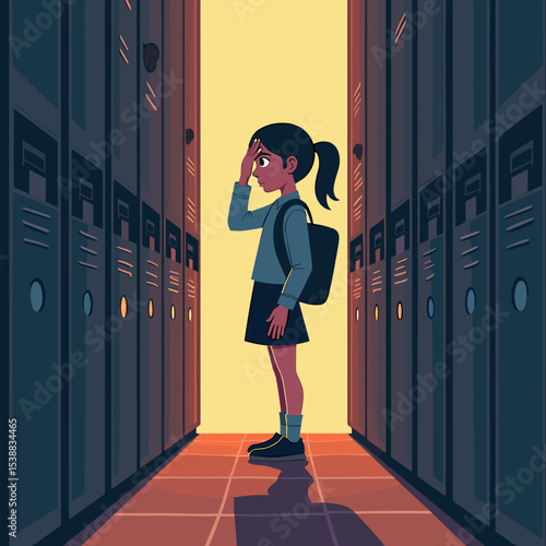Young girl feeling stressed while standing between school lockers  