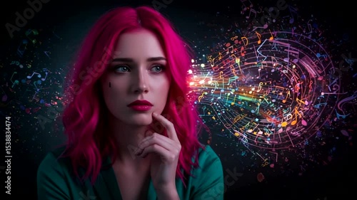 A contemplative woman with vibrant pink hair surrounded by colorful musical notes and patterns