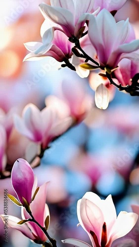 Soft light shining through delicate pink magnolia blossoms and fresh green buds in a natural setting during springtime bloom season.