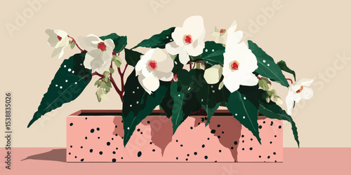 A detailed illustration showcases delicate white flowers with red centers, flourishing in a modern pink planter against a warm, inviting backdrop.