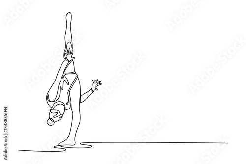 Continuous one line drawing female gymnast gracefully maneuvering stand, her artistic flair and precision in an enthralling gymnastics performance. Single line draw design vector graphic illustration