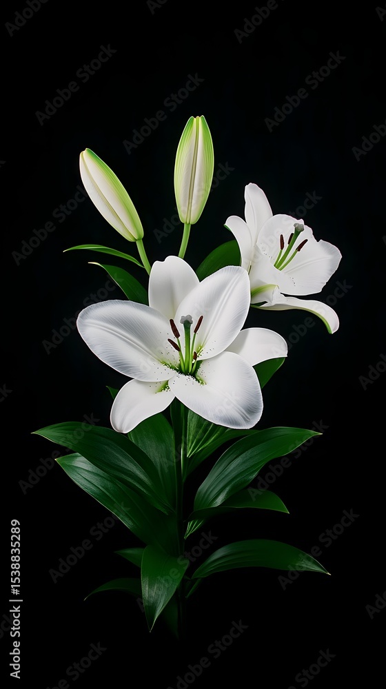 Fototapeta premium White lilies studio shot, black background, floral arrangement, sympathy card