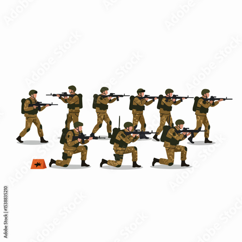Soldier Squad in Action: A group of disciplined soldiers advance with weapons, embodying readiness and determination. Captured in a precise, illustrative style.