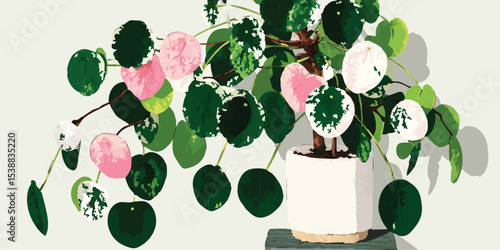 A vibrant illustration of a Pilea Peperomioides plant, also known as a Chinese money plant, in a white pot. The plant's round, fleshy leaves are a mix of green and pink, adding to its unique charm.