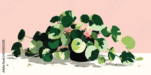 An illustration of a plant in a pot, in an aesthetically pleasing minimalist design, a gentle pastel color scheme.