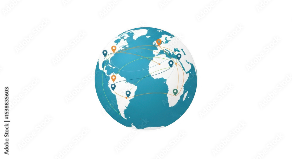 Obraz premium Global Connectivity Concept Globe with Location Pins and Connecting Lines PNG