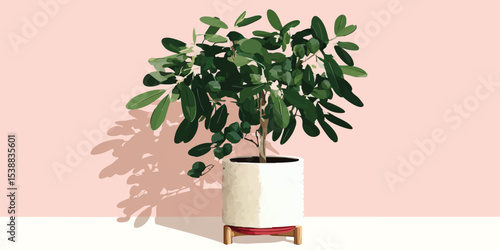 A vibrant indoor plant flourishes, casting a playful shadow against a soft pink backdrop, showcasing the beauty and tranquility of indoor greenery.