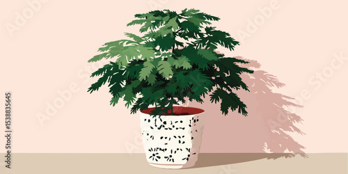 A vibrant illustration showcasing a potted houseplant. The scene presents a lively houseplant and its shadow cast against a textured wall, set in a soft, serene environment.