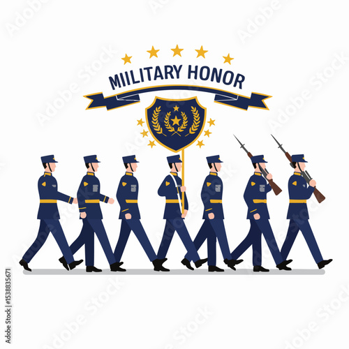 Military Honor and Valor: A meticulously crafted illustration of military personnel marching in formation, embodying discipline and valor, under a banner proclaiming military honor.