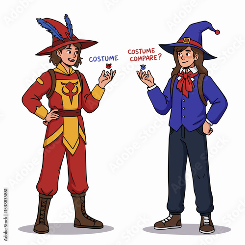 Costume Comparison: Two individuals in whimsical attire, engaged in a sartorial debate about which outfit to choose, each holding a color swatch. A playful image of contrasting choices.