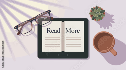 Relaxing Reading Nook Scene Ereader Book Glasses Plant Mug Cozy Flatlay Design Perfect for Blogs Websites and Social Media