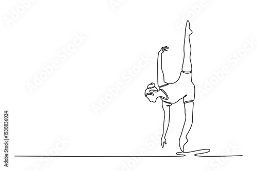 Single continuous line drawing beautiful woman training rhythmic gymnastics in gym. Female gymnast creativity and art with dancing routine and energy. One line draw graphic design vector illustration