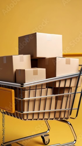 Stacked cardboard boxes in a chrome shopping cart against a bright yellow backdrop offer a clean design.