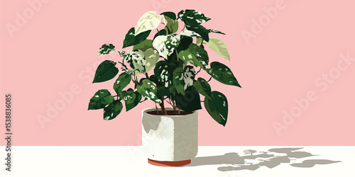 Variegated Monstera Deliciosa in ceramic pot isolated in pink background.