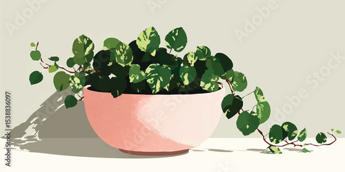 A vibrant potted plant with variegated leaves gracefully cascades from a pastel-colored pot, casting a playful shadow. A celebration of nature's elegance and serenity.