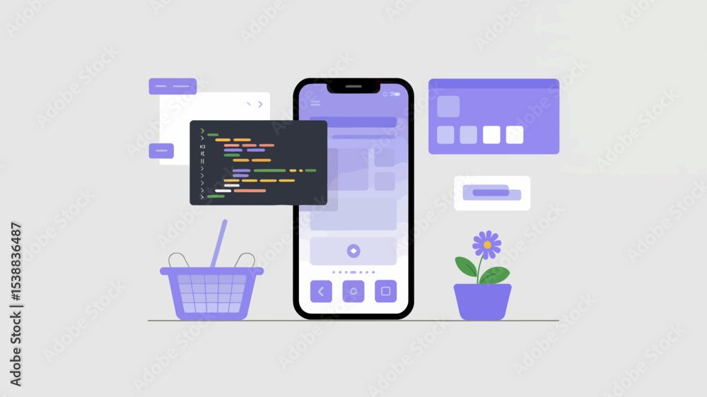 Modern Mobile App Design with Shopping Cart and Code Interface Elements Modern Mobile App Design with Shopping Cart and Code Interface Elements