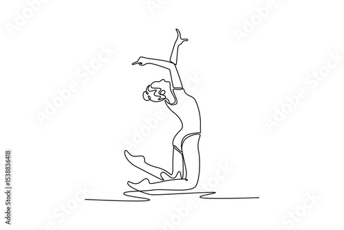Single one line drawing woman exercising rhythmic gymnastics. Female gymnast elegantly art dancing, her precision, grace, and artistry. Modern continuous line draw design graphic vector illustration