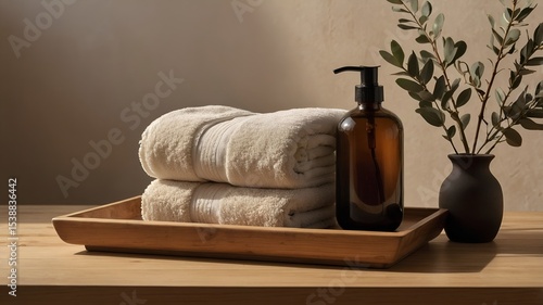 Minimal Bathroom Scene with Amber Pump Bottle, Towels, and Eucalyptus Decor