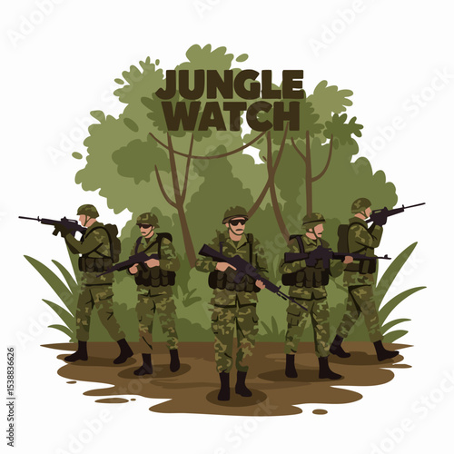 Jungle Watch: A group of resolute soldiers stands ready in a lush jungle, embodying vigilance and preparation in a photorealistic display.