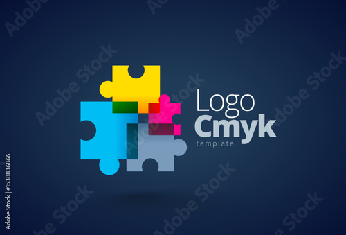 Logo Printing theme CMYK color puzzles. Template design vector. Black background.