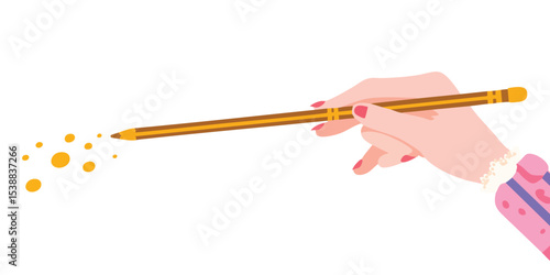 A hand with a pencil in motion, creating a trail of ink dots, symbolizing creativity and design. 