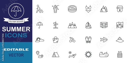 Summer icon set in line style. Set of 24 summer party icons collection. Included icons as tourism, umbrella, summer holiday, hotel, relax, beach, luggage, hat and more symbol collection. Vector image.