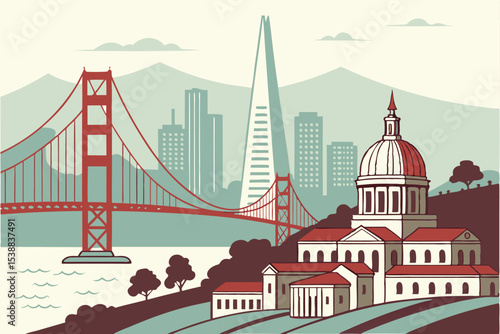 Moscow city architecture travel landmark bridge over the river and city skyline vector illustration