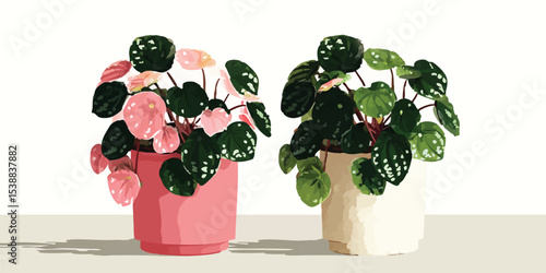 Two potted plants with lush, vibrant foliage sit side-by-side, offering a vibrant display of nature's artistry. A charming tableau that would brighten any interior space.