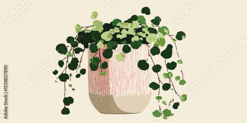 A vibrant indoor plant flourishes, with cascading leaves spilling over the sides of its decorative pot. Illustrating the beauty of interior flora.