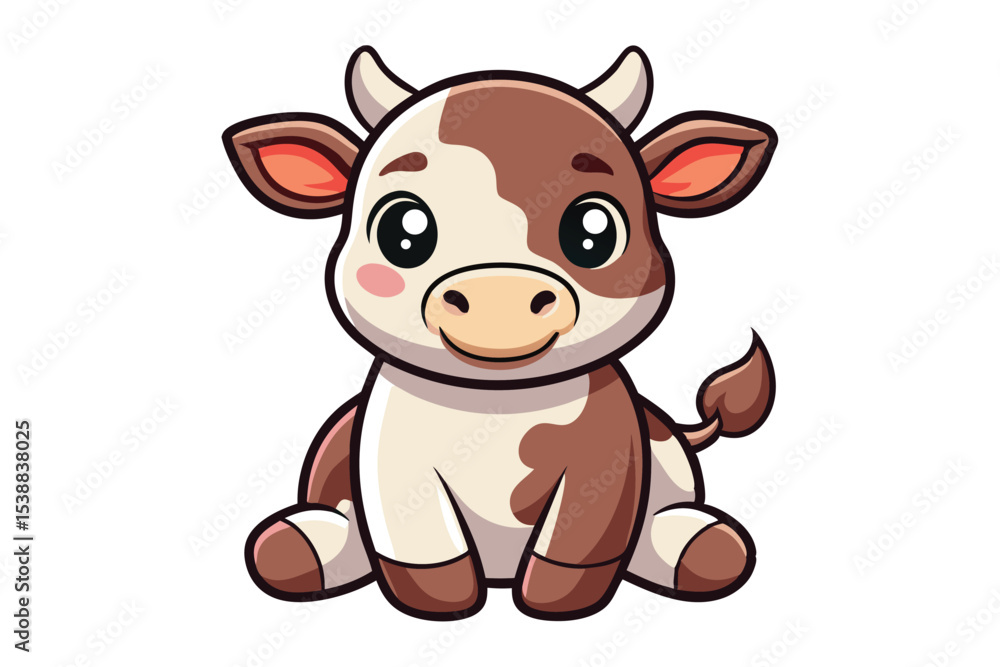 Fototapeta premium Adorable baby cow sitting with legs tucked in